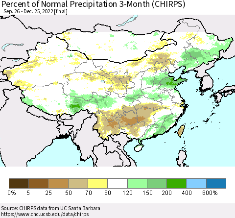 China, Mongolia and Taiwan Percent of Normal Precipitation 3-Month (CHIRPS) Thematic Map For 9/26/2022 - 12/25/2022