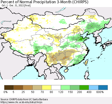 China, Mongolia and Taiwan Percent of Normal Precipitation 3-Month (CHIRPS) Thematic Map For 10/1/2022 - 12/31/2022