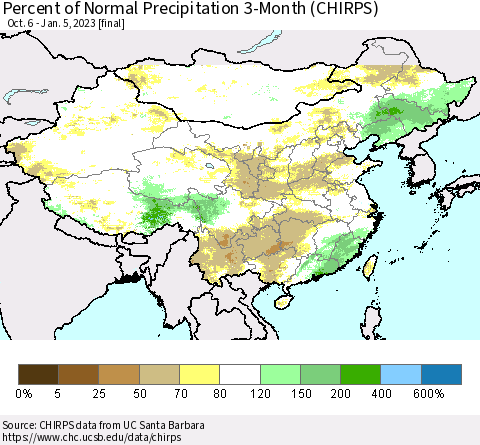 China, Mongolia and Taiwan Percent of Normal Precipitation 3-Month (CHIRPS) Thematic Map For 10/6/2022 - 1/5/2023