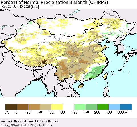 China, Mongolia and Taiwan Percent of Normal Precipitation 3-Month (CHIRPS) Thematic Map For 10/11/2022 - 1/10/2023