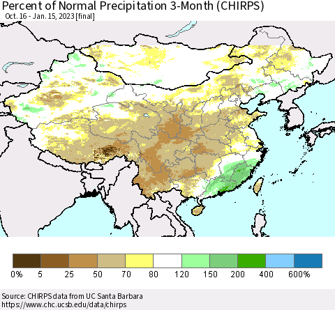 China, Mongolia and Taiwan Percent of Normal Precipitation 3-Month (CHIRPS) Thematic Map For 10/16/2022 - 1/15/2023