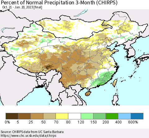 China, Mongolia and Taiwan Percent of Normal Precipitation 3-Month (CHIRPS) Thematic Map For 10/21/2022 - 1/20/2023