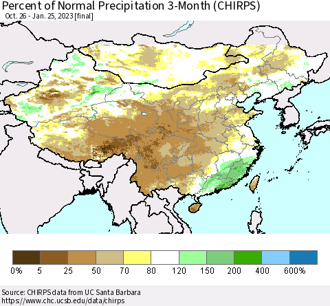China, Mongolia and Taiwan Percent of Normal Precipitation 3-Month (CHIRPS) Thematic Map For 10/26/2022 - 1/25/2023