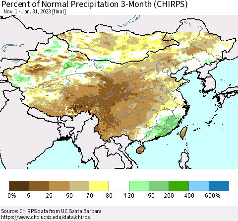 China, Mongolia and Taiwan Percent of Normal Precipitation 3-Month (CHIRPS) Thematic Map For 11/1/2022 - 1/31/2023
