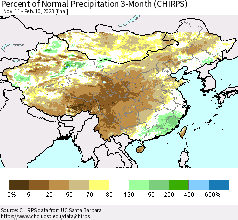 China, Mongolia and Taiwan Percent of Normal Precipitation 3-Month (CHIRPS) Thematic Map For 11/11/2022 - 2/10/2023