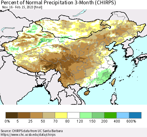 China, Mongolia and Taiwan Percent of Normal Precipitation 3-Month (CHIRPS) Thematic Map For 11/16/2022 - 2/15/2023