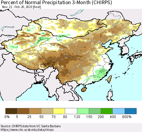 China, Mongolia and Taiwan Percent of Normal Precipitation 3-Month (CHIRPS) Thematic Map For 11/21/2022 - 2/20/2023