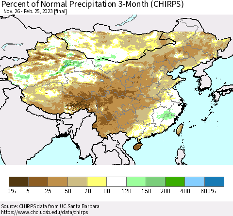 China, Mongolia and Taiwan Percent of Normal Precipitation 3-Month (CHIRPS) Thematic Map For 11/26/2022 - 2/25/2023