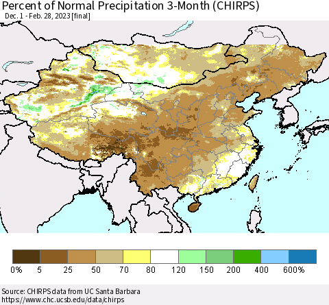 China, Mongolia and Taiwan Percent of Normal Precipitation 3-Month (CHIRPS) Thematic Map For 12/1/2022 - 2/28/2023