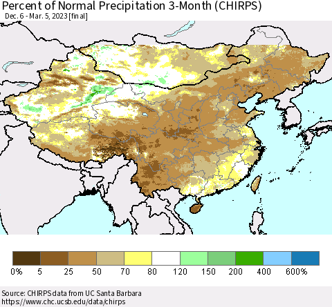China, Mongolia and Taiwan Percent of Normal Precipitation 3-Month (CHIRPS) Thematic Map For 12/6/2022 - 3/5/2023