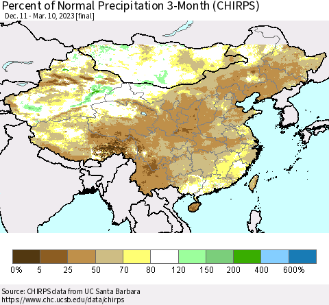 China, Mongolia and Taiwan Percent of Normal Precipitation 3-Month (CHIRPS) Thematic Map For 12/11/2022 - 3/10/2023