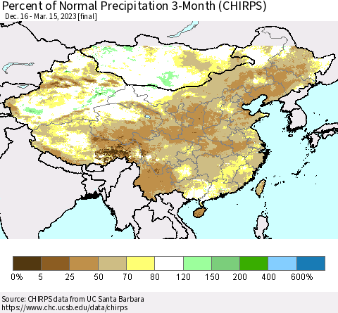 China, Mongolia and Taiwan Percent of Normal Precipitation 3-Month (CHIRPS) Thematic Map For 12/16/2022 - 3/15/2023