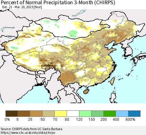 China, Mongolia and Taiwan Percent of Normal Precipitation 3-Month (CHIRPS) Thematic Map For 12/21/2022 - 3/20/2023