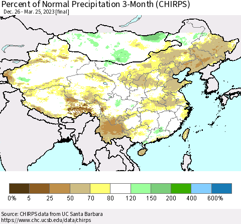 China, Mongolia and Taiwan Percent of Normal Precipitation 3-Month (CHIRPS) Thematic Map For 12/26/2022 - 3/25/2023
