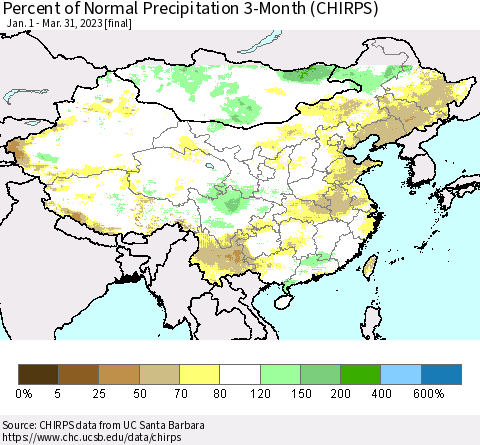 China, Mongolia and Taiwan Percent of Normal Precipitation 3-Month (CHIRPS) Thematic Map For 1/1/2023 - 3/31/2023