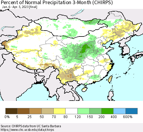 China, Mongolia and Taiwan Percent of Normal Precipitation 3-Month (CHIRPS) Thematic Map For 1/6/2023 - 4/5/2023