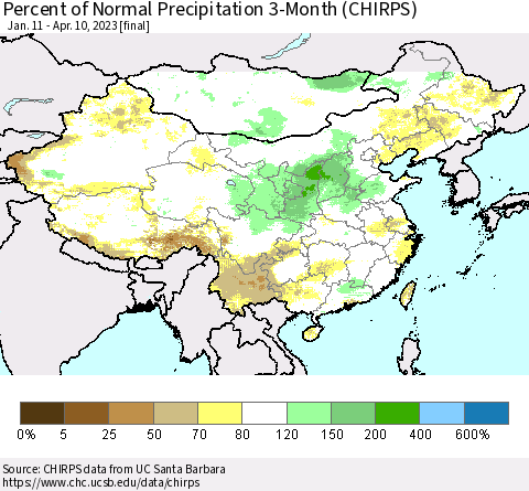 China, Mongolia and Taiwan Percent of Normal Precipitation 3-Month (CHIRPS) Thematic Map For 1/11/2023 - 4/10/2023