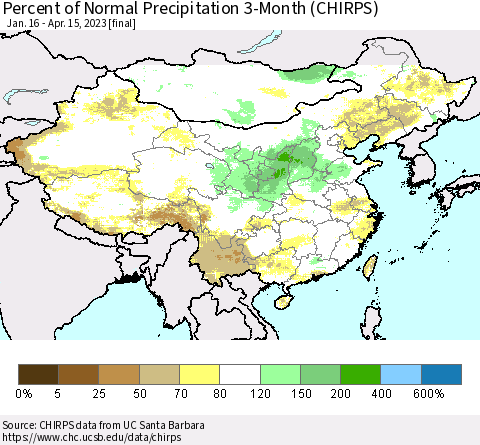 China, Mongolia and Taiwan Percent of Normal Precipitation 3-Month (CHIRPS) Thematic Map For 1/16/2023 - 4/15/2023