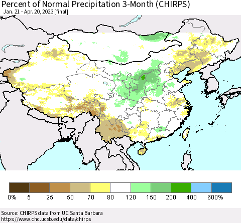 China, Mongolia and Taiwan Percent of Normal Precipitation 3-Month (CHIRPS) Thematic Map For 1/21/2023 - 4/20/2023