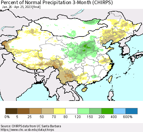 China, Mongolia and Taiwan Percent of Normal Precipitation 3-Month (CHIRPS) Thematic Map For 1/26/2023 - 4/25/2023