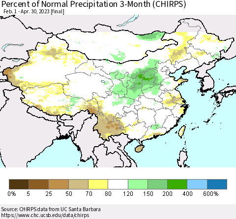 China, Mongolia and Taiwan Percent of Normal Precipitation 3-Month (CHIRPS) Thematic Map For 2/1/2023 - 4/30/2023