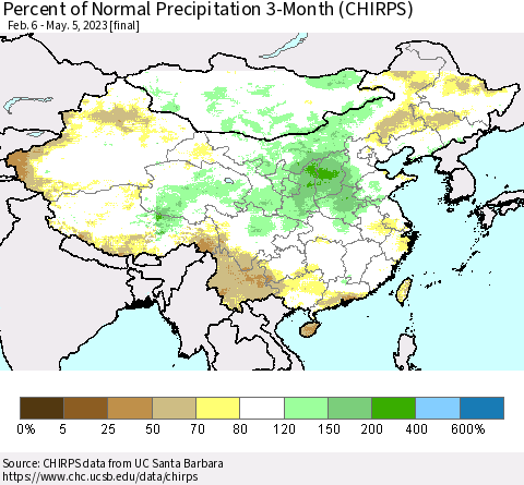 China, Mongolia and Taiwan Percent of Normal Precipitation 3-Month (CHIRPS) Thematic Map For 2/6/2023 - 5/5/2023