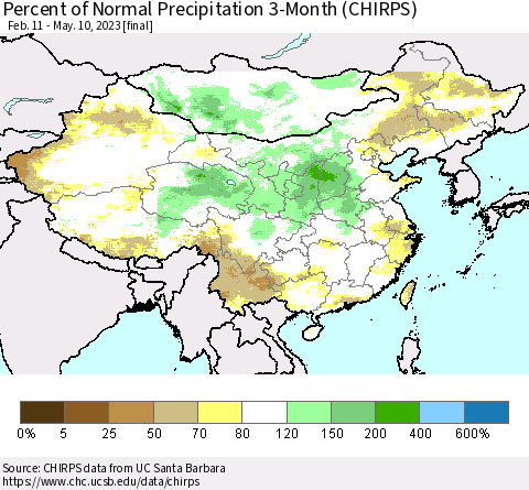 China, Mongolia and Taiwan Percent of Normal Precipitation 3-Month (CHIRPS) Thematic Map For 2/11/2023 - 5/10/2023