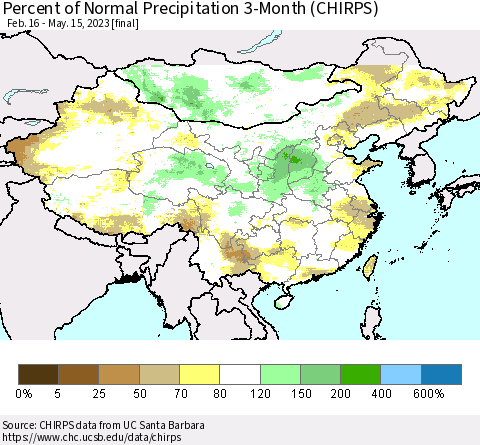 China, Mongolia and Taiwan Percent of Normal Precipitation 3-Month (CHIRPS) Thematic Map For 2/16/2023 - 5/15/2023