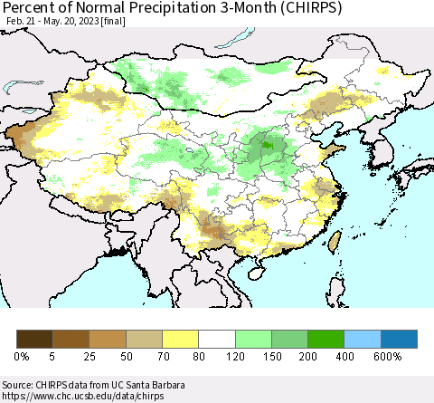 China, Mongolia and Taiwan Percent of Normal Precipitation 3-Month (CHIRPS) Thematic Map For 2/21/2023 - 5/20/2023