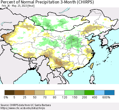 China, Mongolia and Taiwan Percent of Normal Precipitation 3-Month (CHIRPS) Thematic Map For 2/26/2023 - 5/25/2023