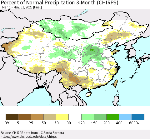 China, Mongolia and Taiwan Percent of Normal Precipitation 3-Month (CHIRPS) Thematic Map For 3/1/2023 - 5/31/2023