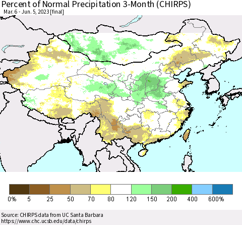 China, Mongolia and Taiwan Percent of Normal Precipitation 3-Month (CHIRPS) Thematic Map For 3/6/2023 - 6/5/2023