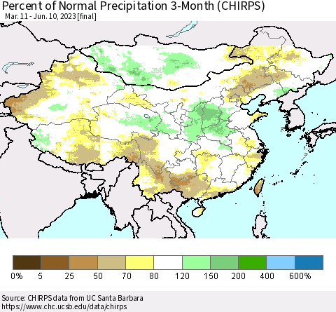 China, Mongolia and Taiwan Percent of Normal Precipitation 3-Month (CHIRPS) Thematic Map For 3/11/2023 - 6/10/2023
