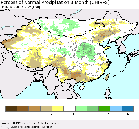 China, Mongolia and Taiwan Percent of Normal Precipitation 3-Month (CHIRPS) Thematic Map For 3/16/2023 - 6/15/2023