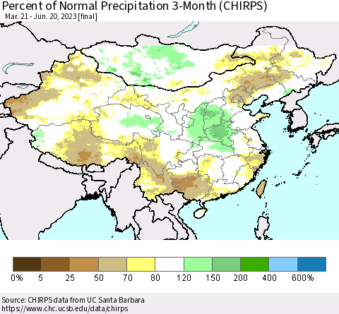 China, Mongolia and Taiwan Percent of Normal Precipitation 3-Month (CHIRPS) Thematic Map For 3/21/2023 - 6/20/2023