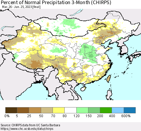 China, Mongolia and Taiwan Percent of Normal Precipitation 3-Month (CHIRPS) Thematic Map For 3/26/2023 - 6/25/2023