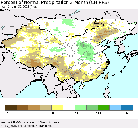 China, Mongolia and Taiwan Percent of Normal Precipitation 3-Month (CHIRPS) Thematic Map For 4/1/2023 - 6/30/2023
