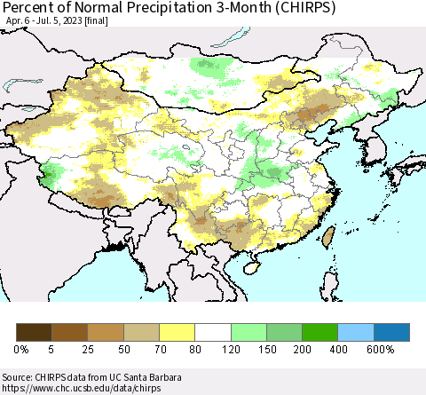 China, Mongolia and Taiwan Percent of Normal Precipitation 3-Month (CHIRPS) Thematic Map For 4/6/2023 - 7/5/2023