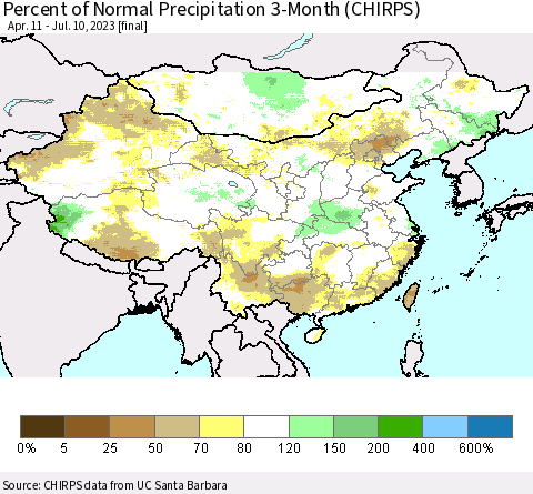 China, Mongolia and Taiwan Percent of Normal Precipitation 3-Month (CHIRPS) Thematic Map For 4/11/2023 - 7/10/2023