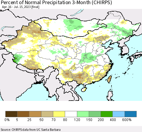 China, Mongolia and Taiwan Percent of Normal Precipitation 3-Month (CHIRPS) Thematic Map For 4/16/2023 - 7/15/2023