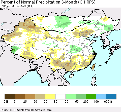 China, Mongolia and Taiwan Percent of Normal Precipitation 3-Month (CHIRPS) Thematic Map For 4/21/2023 - 7/20/2023