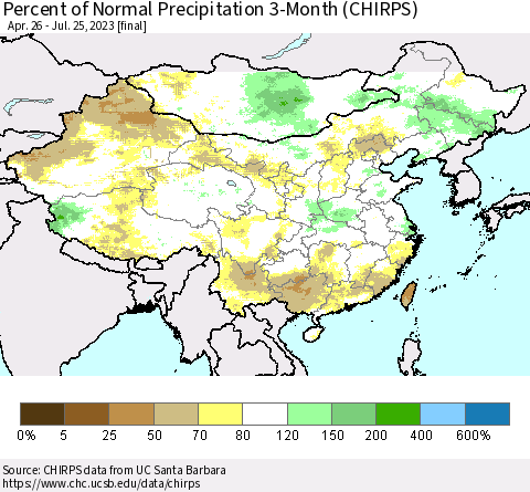 China, Mongolia and Taiwan Percent of Normal Precipitation 3-Month (CHIRPS) Thematic Map For 4/26/2023 - 7/25/2023