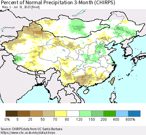 China, Mongolia and Taiwan Percent of Normal Precipitation 3-Month (CHIRPS) Thematic Map For 5/1/2023 - 7/31/2023