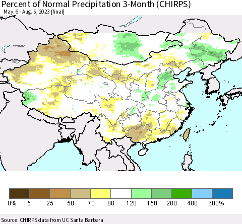 China, Mongolia and Taiwan Percent of Normal Precipitation 3-Month (CHIRPS) Thematic Map For 5/6/2023 - 8/5/2023