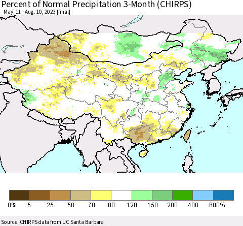 China, Mongolia and Taiwan Percent of Normal Precipitation 3-Month (CHIRPS) Thematic Map For 5/11/2023 - 8/10/2023