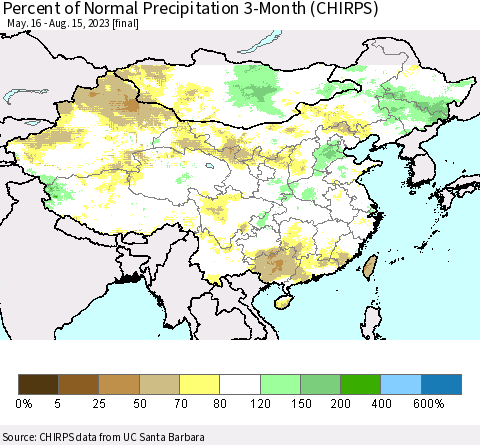 China, Mongolia and Taiwan Percent of Normal Precipitation 3-Month (CHIRPS) Thematic Map For 5/16/2023 - 8/15/2023