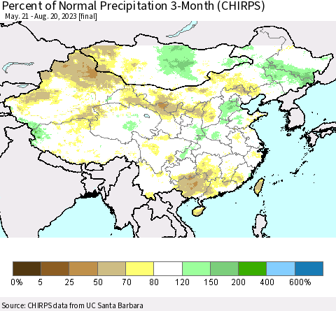 China, Mongolia and Taiwan Percent of Normal Precipitation 3-Month (CHIRPS) Thematic Map For 5/21/2023 - 8/20/2023