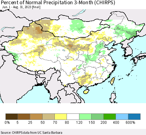 China, Mongolia and Taiwan Percent of Normal Precipitation 3-Month (CHIRPS) Thematic Map For 6/1/2023 - 8/31/2023