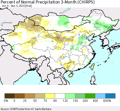 China, Mongolia and Taiwan Percent of Normal Precipitation 3-Month (CHIRPS) Thematic Map For 6/6/2023 - 9/5/2023