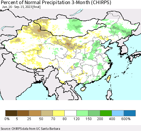 China, Mongolia and Taiwan Percent of Normal Precipitation 3-Month (CHIRPS) Thematic Map For 6/16/2023 - 9/15/2023